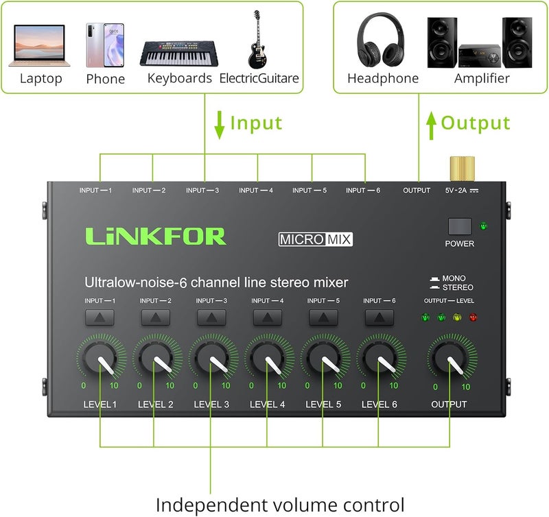 LiNKFOR 6 Channel Audio Mixer, Ultra-compact 6 Channel Bass Noise Line Stereo Audio Mixer for Small Clubs or Bars Microphones, Guitars, Bass, Keyboards and Stage Mixer - Image 2